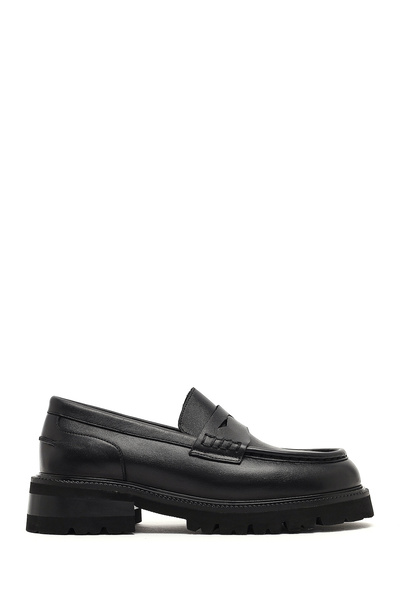 Derimod Women's Black Thick-Soled Leather Masculine Loafer Af130002Dv