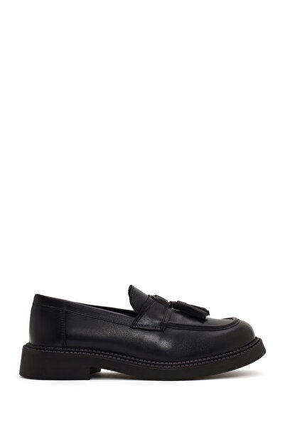 Derimod Women's Black Thick-Soled Tasseled Leather Loafer Af450011Dv