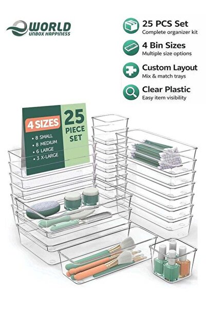 Eworld 25 PCS Clear Plastic Drawer Organizer Tray Set, Drawer Dividers Storag...
