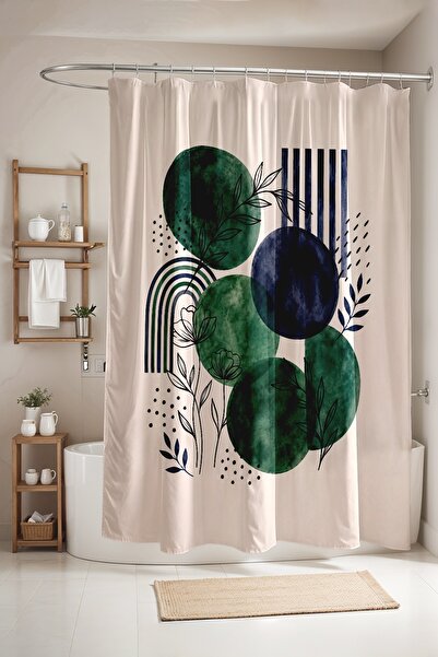 EVPANYA Bathroom Curtain, Abstract Green Moons and Flowers Pattern Shower Cur...