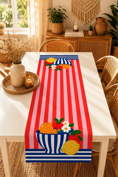 Benlisso Home Kırmızı Pembe Çizgili Vazo Desenli Runner 40x140 Leke Tutmaz