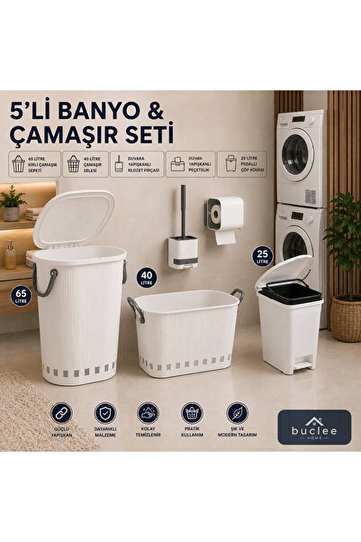 Buclee 5’li Banyo Çamaşır Seti | 65 L Sepet + 40 L Sele + 25 L Çöp Kovası
