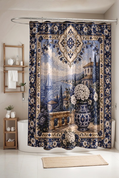 EVPANYA Bathroom Curtain, Tile Embossed Seaside Houses Patterned Shower Curta...