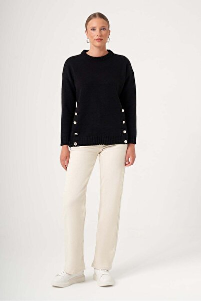 FTZ WOMEN Women's Button Detail Sweater Black 20867