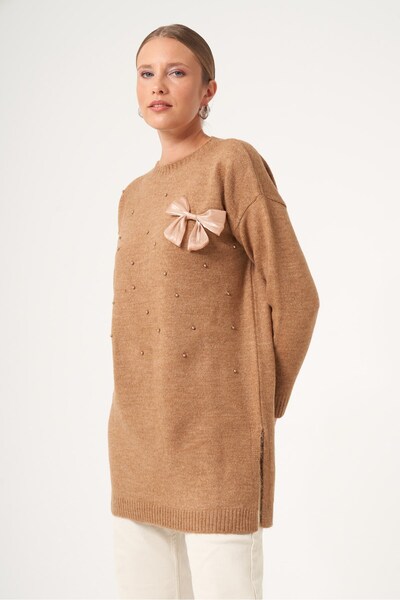 FTZ WOMEN Women's Pearl and Ribbon Detail Sweater Biscuit 25256