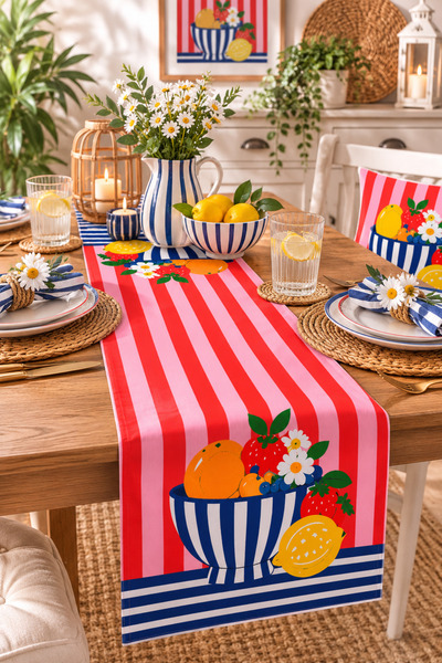 Benlisso Home Pembe Kırmızı Çizgili Vazo Desenli Runner 40x140 Leke Tutmaz