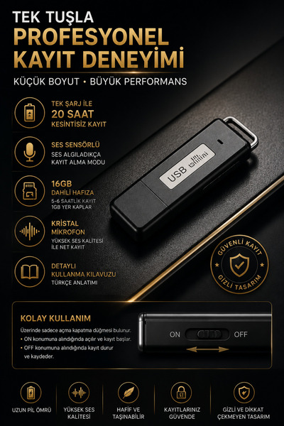 AtaTechs 16GB Dijital Ses Kayıt Cihazı – 20 Saat Kesintisiz Kayıt, Ses Algıla...