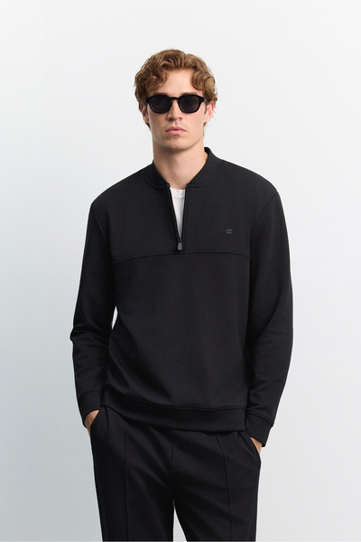 Avva Erkek Siyah Bomber Yaka Fermuarlı İnterlok Sweatshirt A62Y1338