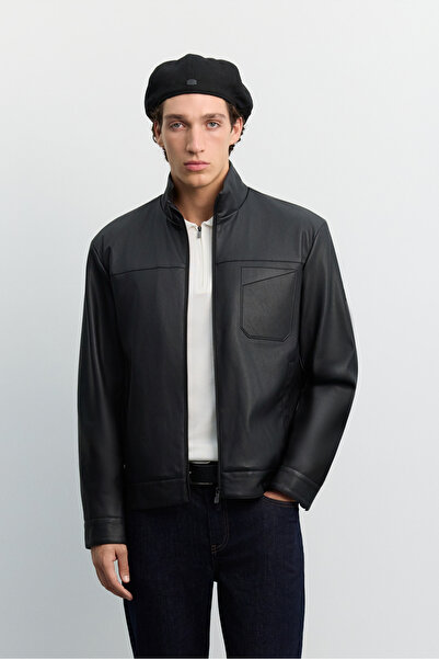 Avva Men's Black Stand Collar Faux Leather Coat A62Y6107