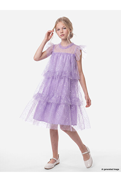 LC Waikiki Nevavm Ruffled Girl's Glittery Layered Dress with a Difference
