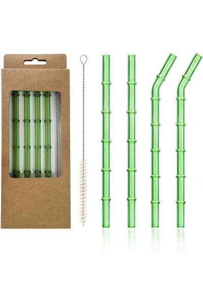 Moment 4 Pcs Reusable Glass Straws, Green Bamboo Shape glass straws, Colorful...