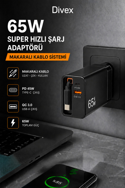 Divex 65W Hızlı Şarj Adaptörü – Makaralı Type-C Kablolu, PD 45W + QC 3.0, 2 P...