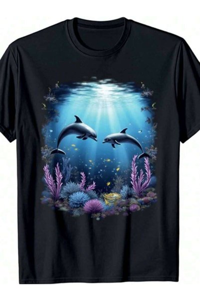 kai22 تي شيرت Ocean Depths Dolphin Adventure - تي شيرت فني ملون للحياة البرية...