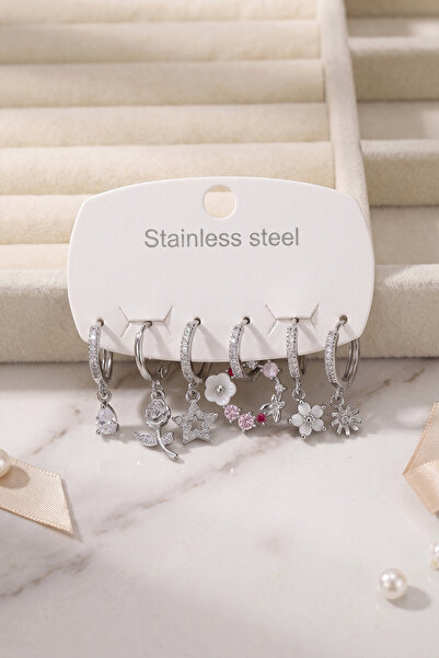 callerrons accessories Silver Color Flower Detailed Women's Earring Set - Ebj...