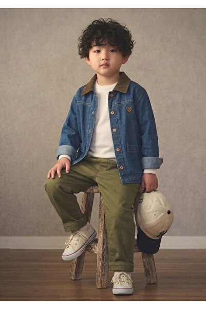 PARK BEBE Baby Boy Collared Denim Jacket 3-Piece Set with Khaki Trousers Deni...