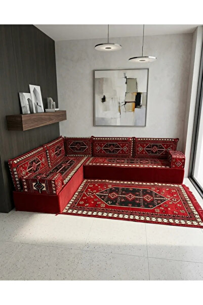 BAKIRÖZÜ HOME 30 cm Yüksek Minderli Otantik Şark Köşesi Takımı Kırmızı Sedir ...