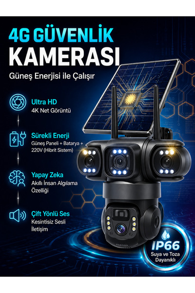 Dobest 4K 4G SIM Kartlı Solar Güvenlik Kamerası 3 Lensli PTZ V380 Pro Güneş P...
