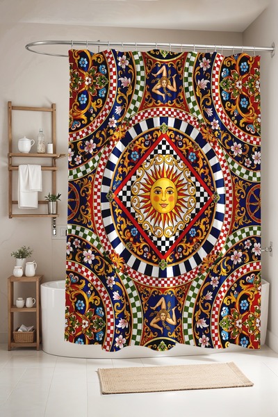 EVPANYA Bathroom Curtain, Checkered Sun Pattern Shower Curtain, Bathtub Curta...