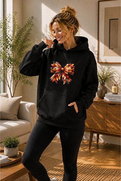 caddekombin Women's Feather Motif Ribbon Graphic Printed Hooded Kangaroo Pock...