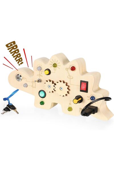 Arabest Wooden Dinosaur Busy Board,Montessori Sensory Educational Toy,7 LED L...