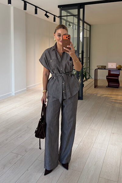 Sezgi Tekin Button Detail Belted Brown Denim Shirt / Pants Set