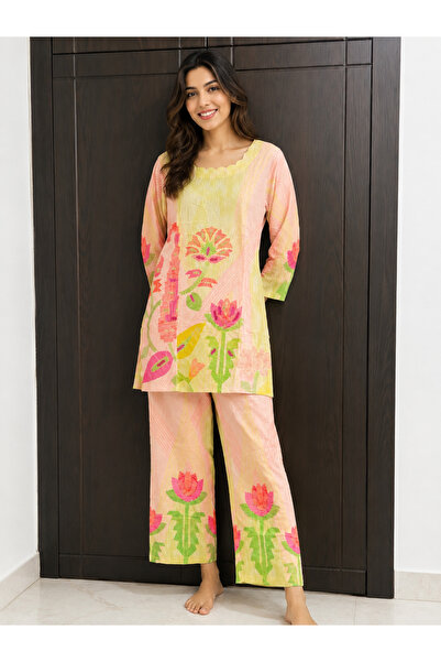 Devoiler Women’s Multicolor Floral Pure Mul Cotton Co-Ord Set | Printed Tunic...