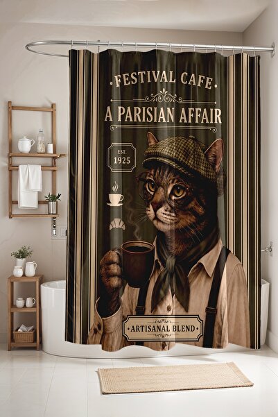 EVPANYA Bathroom Curtain, Green Coffee Shop Noble Cat Patterned Shower Curtai...