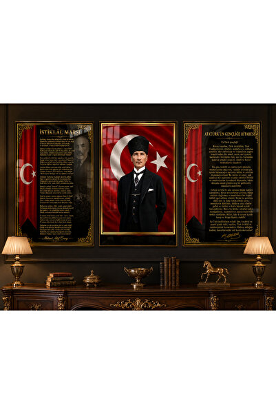 Genel Markalar Atatürk, İstiklal Marşı ve Gençliğe Hitabe 3’lü Cam Tablo Seti...