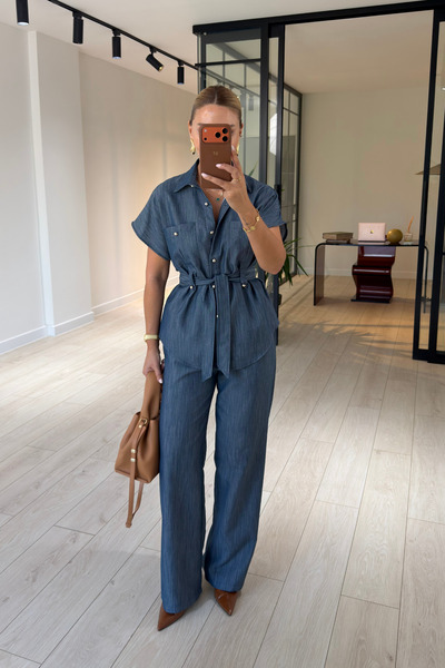 Sezgi Tekin Button Detail Belted Blue Denim Shirt / Pants Set