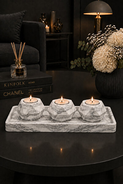 betonmall Beton Mum Seti 4 Parça Tepsili 3'lü Mumluk Tealight Şamdan Mumlar D...