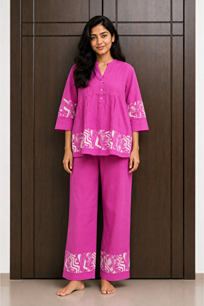 Devoiler Women’s Pink Mul Cotton Co-Ord Set | Printed 3/4 Sleeve Top & Wide-L...