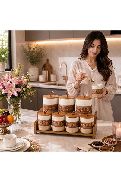 Dania طقم علب بهارات وقهوة وشاي وسكر 7 قطع مع حامل خشبي وأغطية بامبو – تصميم ...
