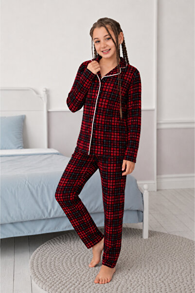 zahider Girl's Cotton Suede Fabric Buttoned Long Sleeve Pajama Set