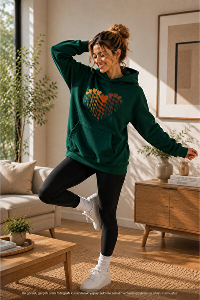 caddekombin Women's Melting Hearts Printed Hooded Kangaroo Pocket Cotton Casu...