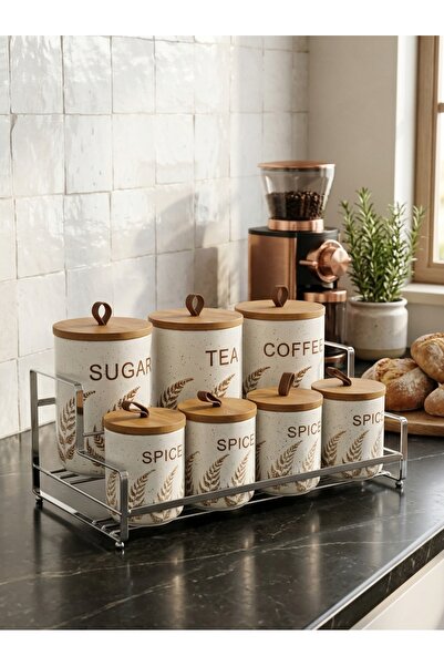 Generic طقم برطمانات حفظ وتخزين بهارات وتوابل مع أغطية وحامل بتصميم أنيق خشبي...