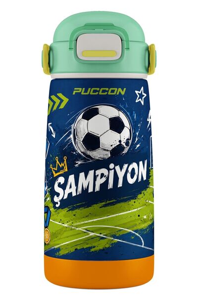 Puccon 420 ml Boys' Navy Blue Green Football Printed Steel School Water Bottl...