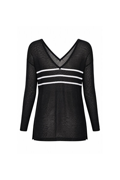 Sezgi Tekin Front and Back V-Neck Striped Black Knitwear with Slits on the Sides