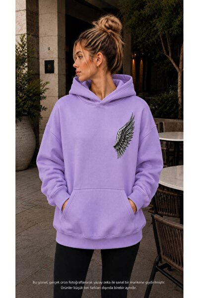 caddekombin Women's Angel Wing Printed Hooded Kangaroo Pocket Cotton Casual S...