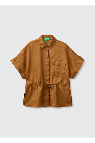 United Colors of Benetton Women's brown 100% linen pocket drawstring shirt