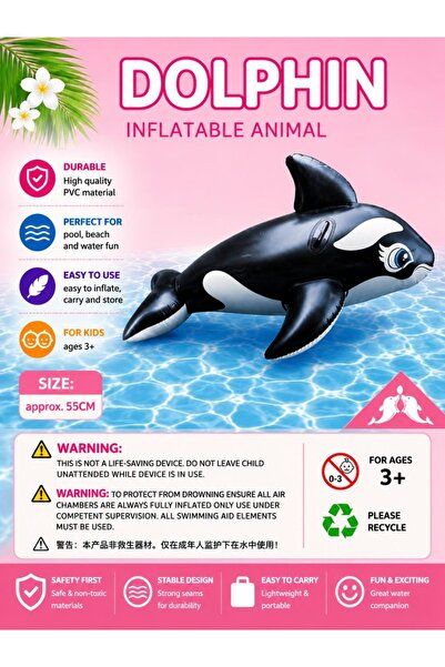 BaoBao Colac gonflabil balenă Orca pentru copii 150x88x55 cm, jucărie de apă pentru piscină și plajă
