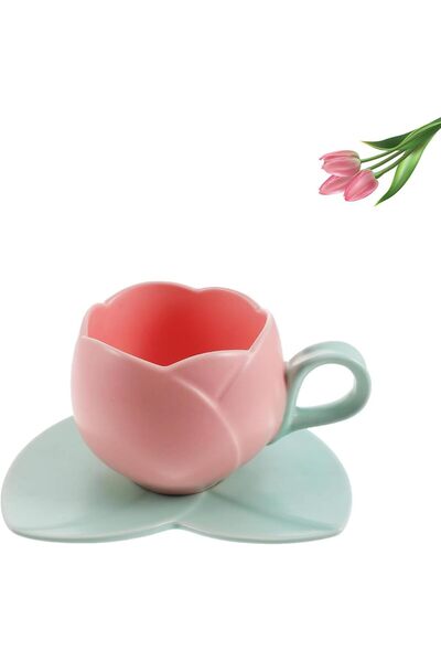 Generic Ceramic Coffee Mug with Saucer Set, Creative Tulip Cup Unique Irregul...