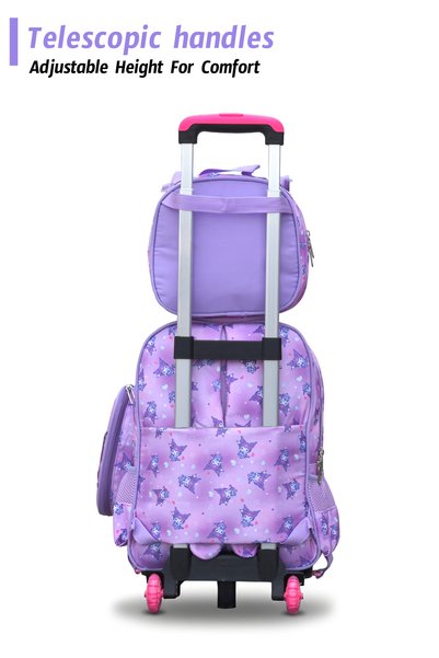 ZAAPPY Kuromi Kids 3 Pcs Set (Trolly School Bag, Lunch Bag, Pencil Pouch) Rolling Backpack with Wheels, Convertible, Large Capacity, Side Pockets