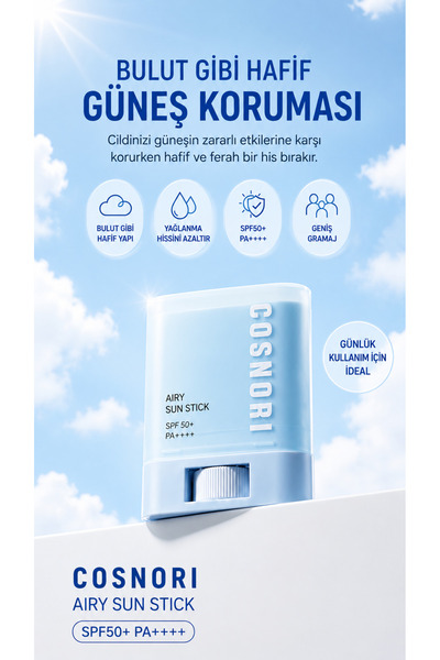 COSNORI airy sun stick spf50+ pa++++ kore güneş koruyucu stick 19g