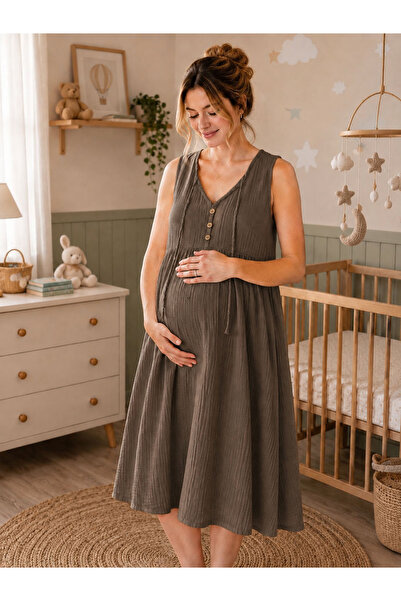 cesita Women's Khaki 100% Cotton Muslin Fabric Casual Maternity Dress