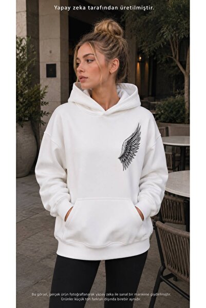 caddekombin Women's Angel Wing Printed Hooded Kangaroo Pocket Cotton Casual S...
