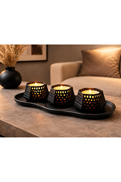 MYE TEKNOLOJİ 3'lü Dekoratif Mumluk Seti Tepsili Tealight Mum Tutucu Modern M...