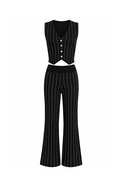 Sezgi Tekin Steel Knitwear Striped Black Vest / Trousers Set