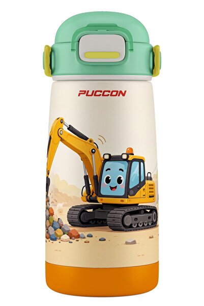 Puccon Boy's Green Yellow Work Machine Patterned 420 ml Steel Flask Thermos w...