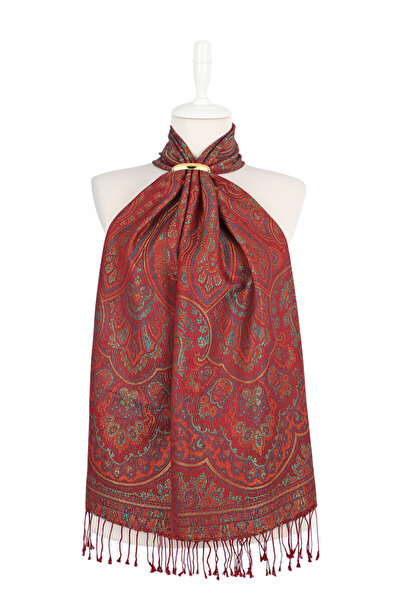 Bursa İpek Burgundy Green Jamawar Woven Silk Scarf
