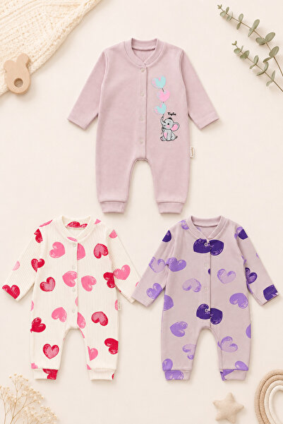 Beniizle Heart Patterned 3-Piece Baby Girl Jumpsuit